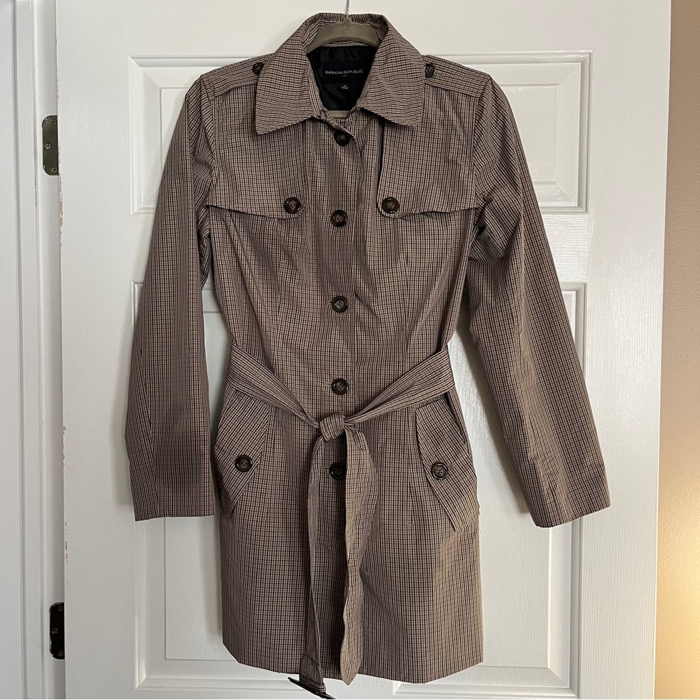 Banana Republic Checkered Neutral Plaid Tan Trench Coat - Picture 9 of 14